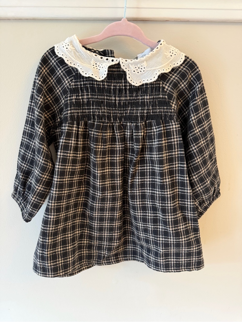 ZARA Plaid Long-Sleeve Smocked Baby Dress with Lace Collar - Black Cream